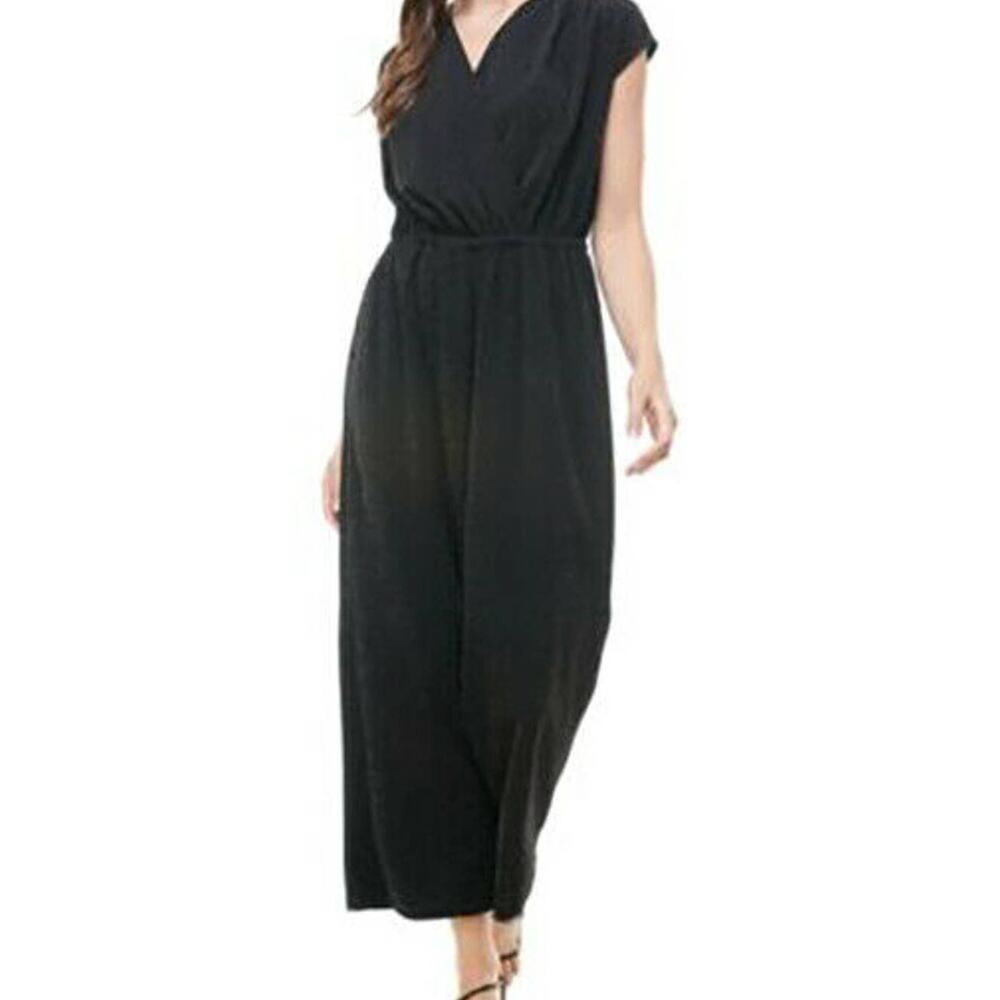 Monteau V-Neck Metallic Sparkle Jumpsuit Wrap Top Wide Leg Black Small Petite